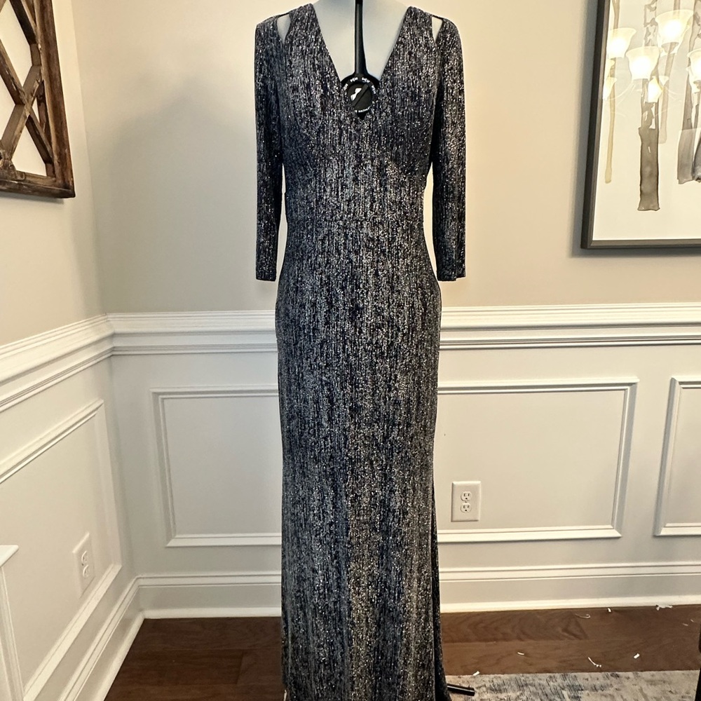 Calvin Klein Black and Silver Metallic Long Sleeve Evening Gown
